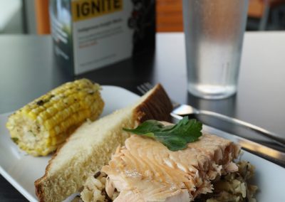 Alder-smoked wild sockeye salmon, rice pilaf, bannock and corn from the Indigenous Food Pop-up