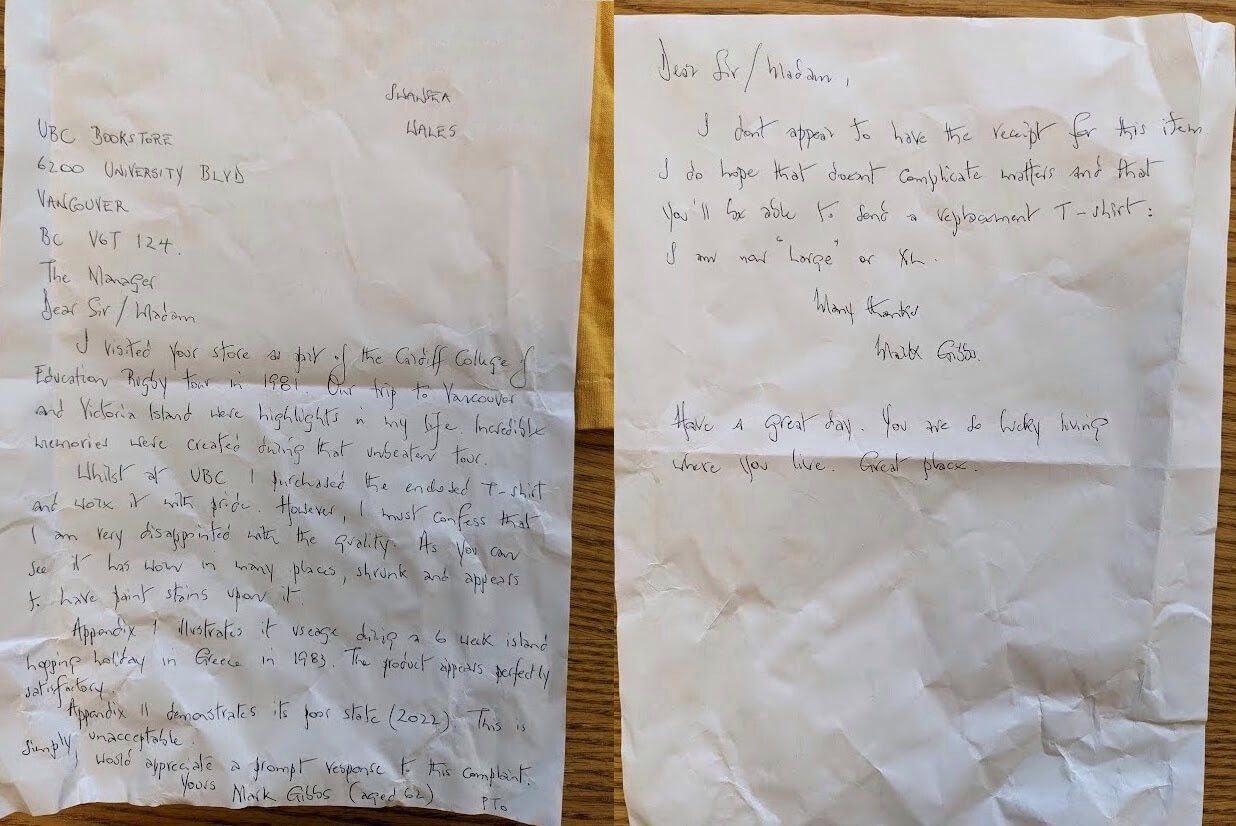 Mark Gibbs' handwritten letter to UBC Bookstore